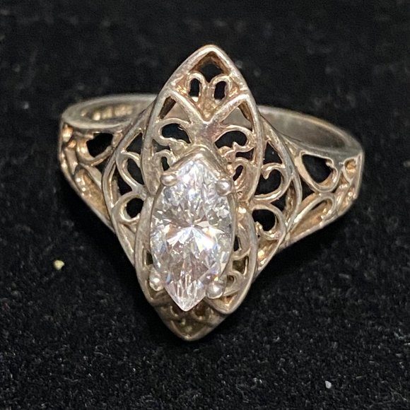 Ring Marquis CZ Cubic Zirconia 10mm x 5mm Filigree Vintage Jewelry Sterling Silv - Picture 15 of 16